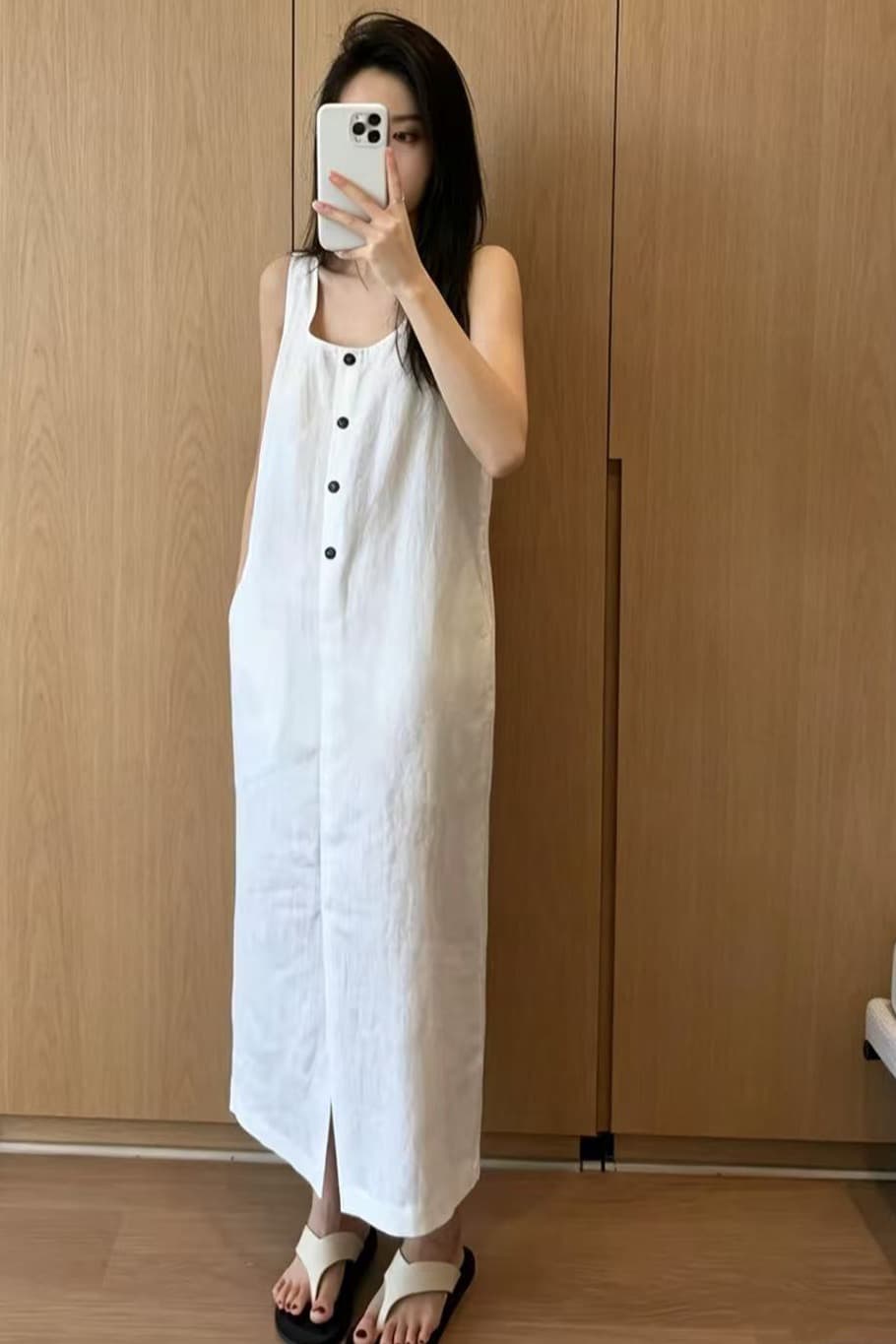 크기 있음 업데이트 한 부서 미니멀리즘 u 리더쉽 단추 트임 치마 느긋한 바람 민소매 드레스 이미지 6