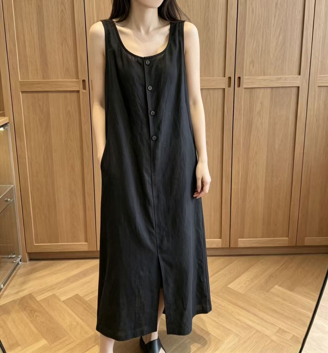 크기 있음 업데이트 한 부서 미니멀리즘 u 리더쉽 단추 트임 치마 느긋한 바람 민소매 드레스 상세 이미지 16