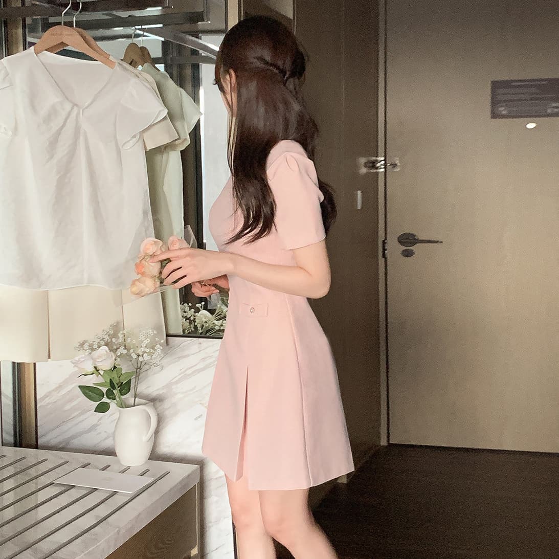 크기 있음 업데이트 한 부서 작은 샤넬 스타일 우아함 낭만적 인 기질 트위드 라운드 넥 턱 수리 허리 여름 드레스 이미지 3