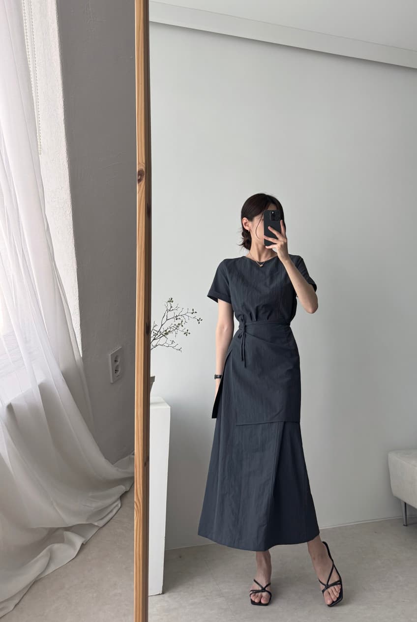 한국 chic 여름 고급 센스 반팔 드레스 디자인 센스 측면 트임 스트랩 앞치마 허리 수축 품격 롱 스커트 상세 이미지 1