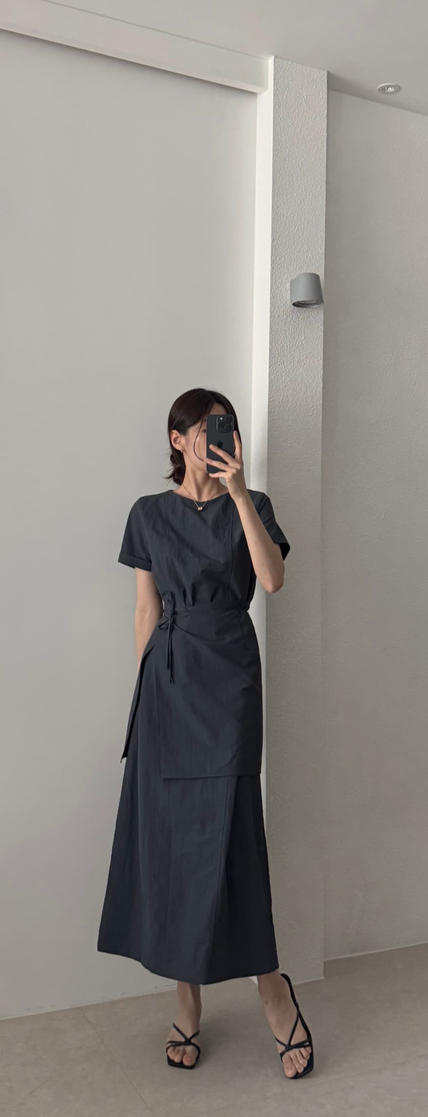 한국 chic 여름 고급 센스 반팔 드레스 디자인 센스 측면 트임 스트랩 앞치마 허리 수축 품격 롱 스커트 상세 이미지 3