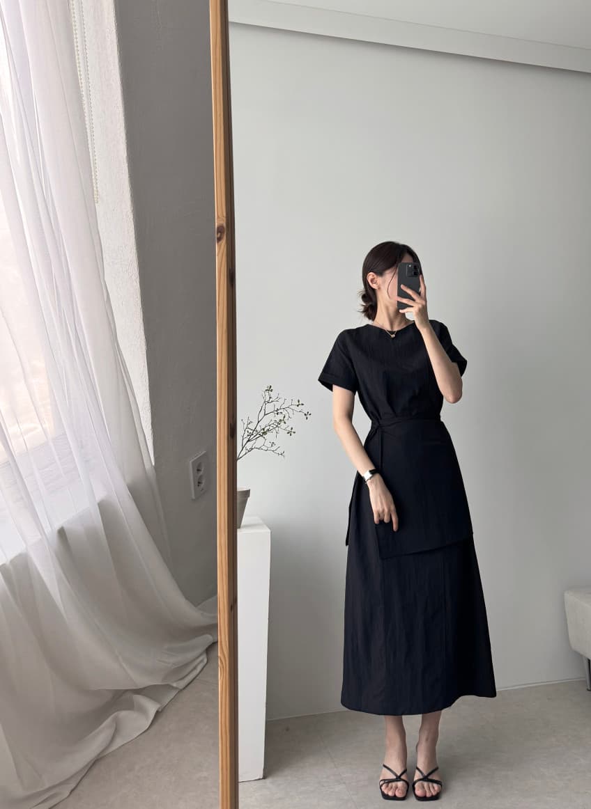 한국 chic 여름 고급 센스 반팔 드레스 디자인 센스 측면 트임 스트랩 앞치마 허리 수축 품격 롱 스커트 상세 이미지 6