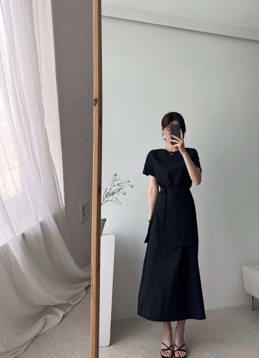 한국 chic 여름 고급 센스 반팔 드레스 디자인 센스 측면 트임 스트랩 앞치마 허리 수축 품격 롱 스커트 상세 이미지 7