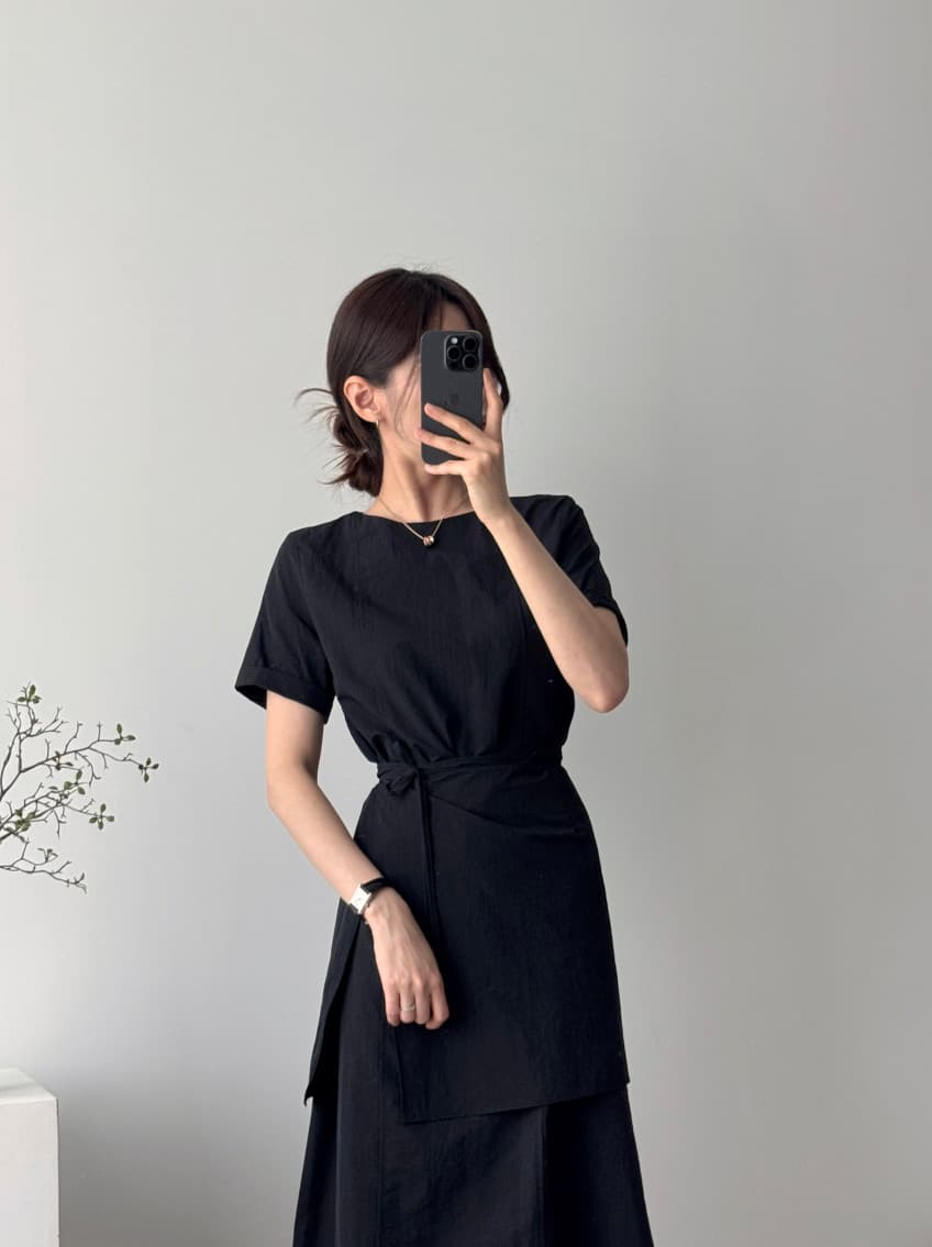 한국 chic 여름 고급 센스 반팔 드레스 디자인 센스 측면 트임 스트랩 앞치마 허리 수축 품격 롱 스커트 상세 이미지 8