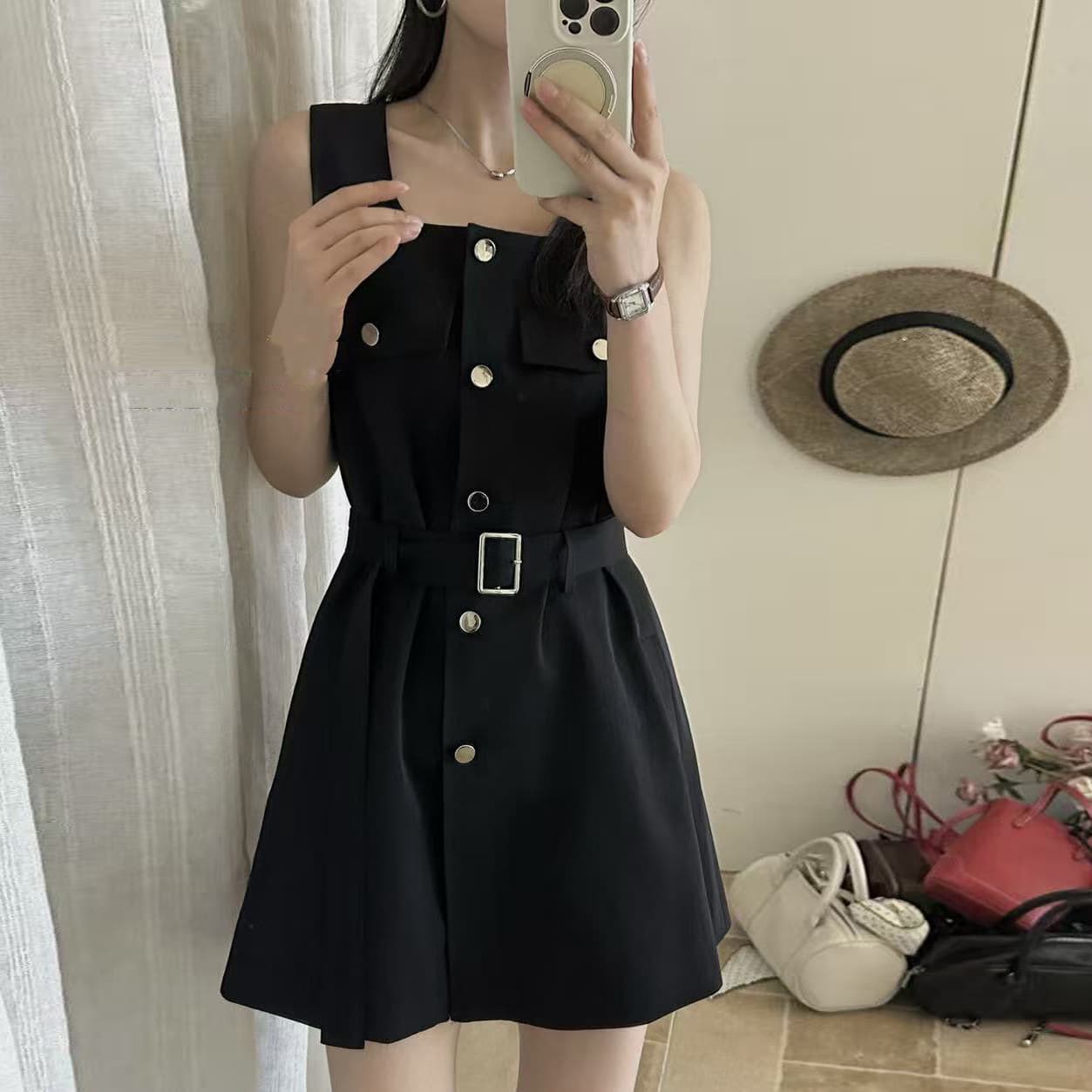 크기 있음 업데이트 한 부서 미니멀리즘 광장 칼라 레이스업 허리 수축 슬림해 보이는 품격 오래된 돈 바람 워크웨어 민소매 드레스 이미지 2