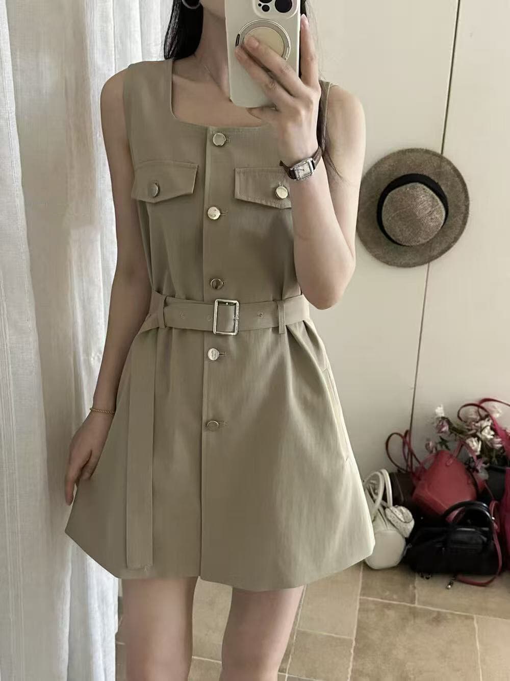 크기 있음 업데이트 한 부서 미니멀리즘 광장 칼라 레이스업 허리 수축 슬림해 보이는 품격 오래된 돈 바람 워크웨어 민소매 드레스 상세 이미지 1