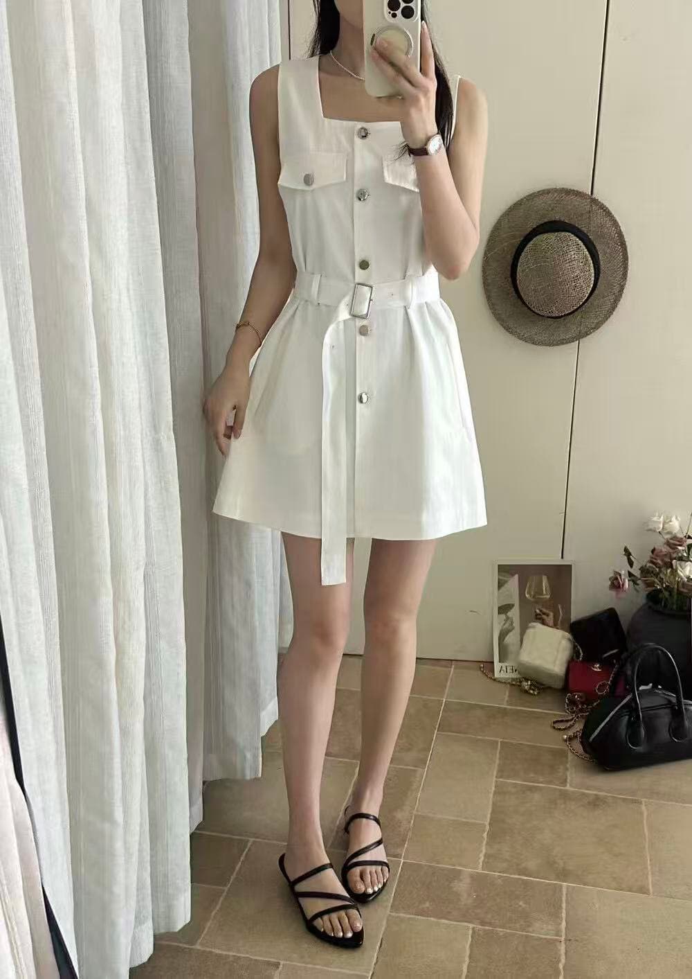 크기 있음 업데이트 한 부서 미니멀리즘 광장 칼라 레이스업 허리 수축 슬림해 보이는 품격 오래된 돈 바람 워크웨어 민소매 드레스 상세 이미지 7