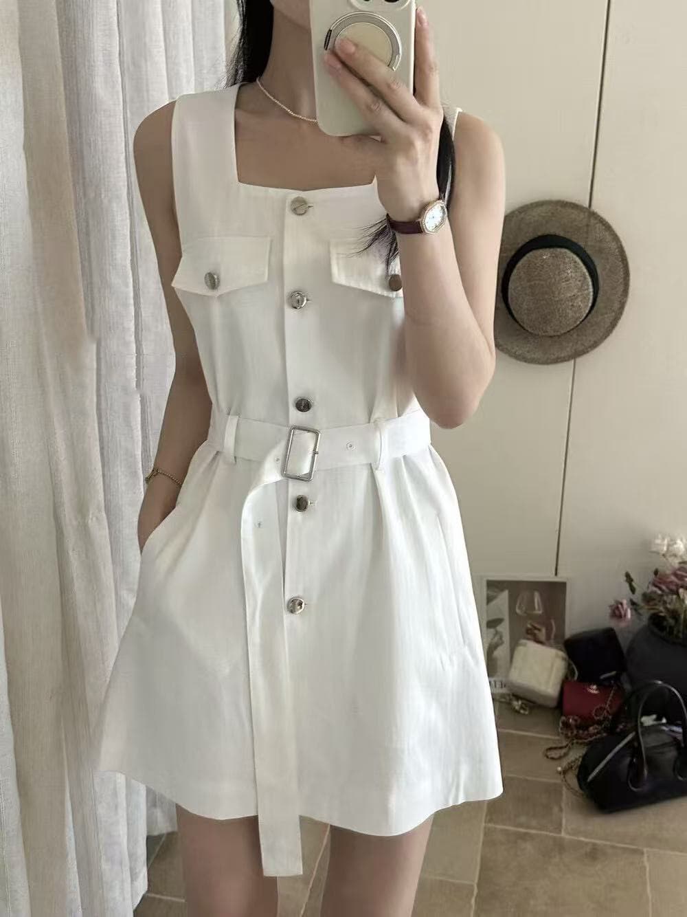크기 있음 업데이트 한 부서 미니멀리즘 광장 칼라 레이스업 허리 수축 슬림해 보이는 품격 오래된 돈 바람 워크웨어 민소매 드레스 상세 이미지 8