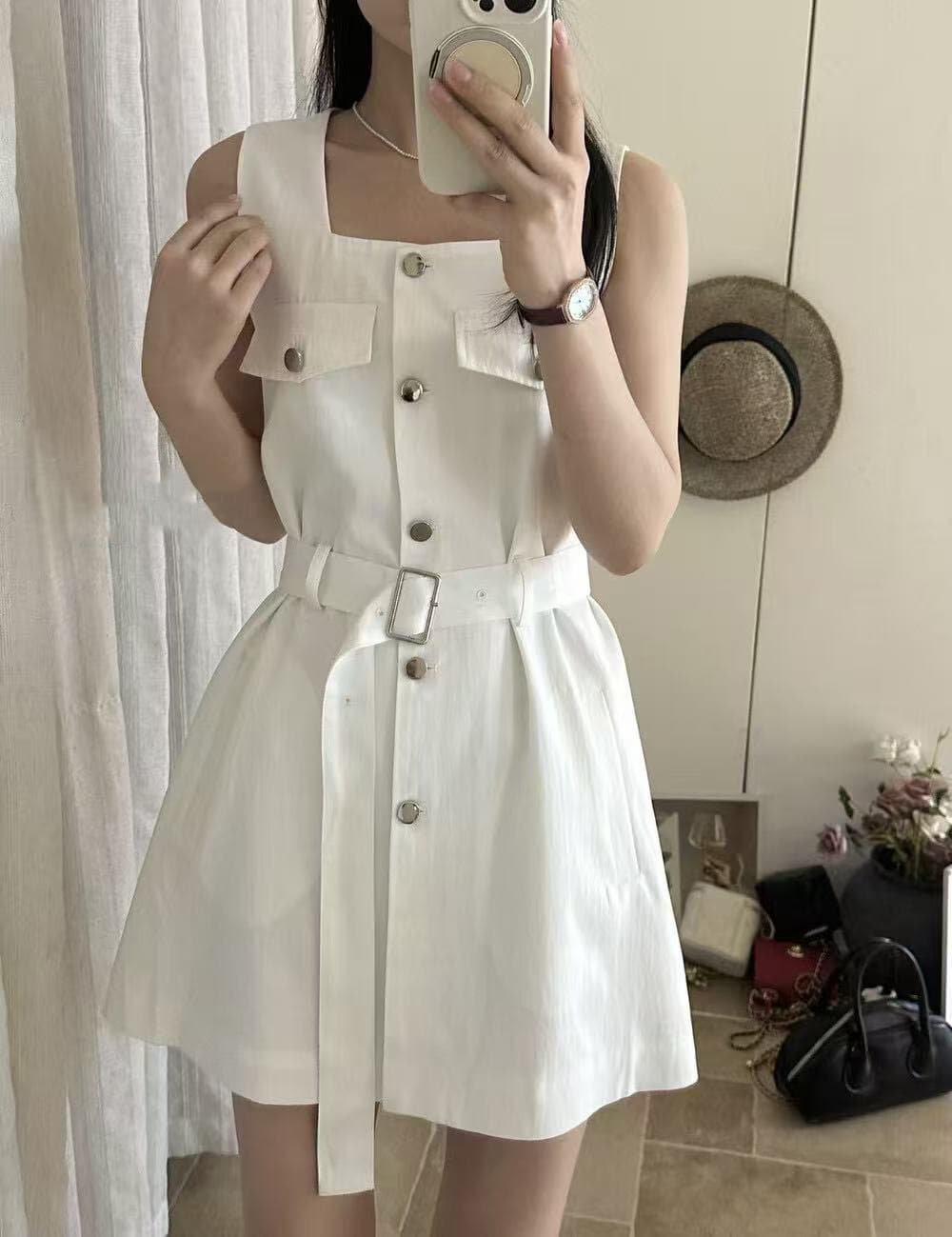 크기 있음 업데이트 한 부서 미니멀리즘 광장 칼라 레이스업 허리 수축 슬림해 보이는 품격 오래된 돈 바람 워크웨어 민소매 드레스 상세 이미지 9