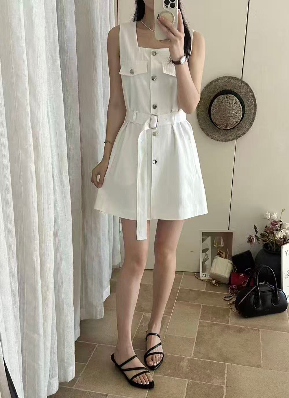 크기 있음 업데이트 한 부서 미니멀리즘 광장 칼라 레이스업 허리 수축 슬림해 보이는 품격 오래된 돈 바람 워크웨어 민소매 드레스 상세 이미지 10