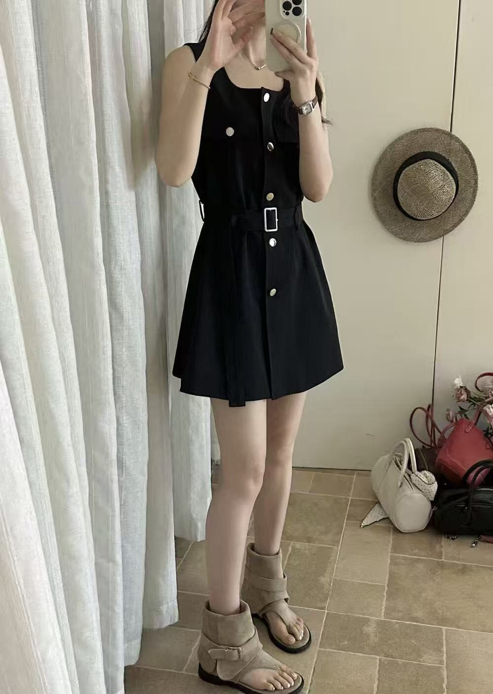 크기 있음 업데이트 한 부서 미니멀리즘 광장 칼라 레이스업 허리 수축 슬림해 보이는 품격 오래된 돈 바람 워크웨어 민소매 드레스 상세 이미지 16