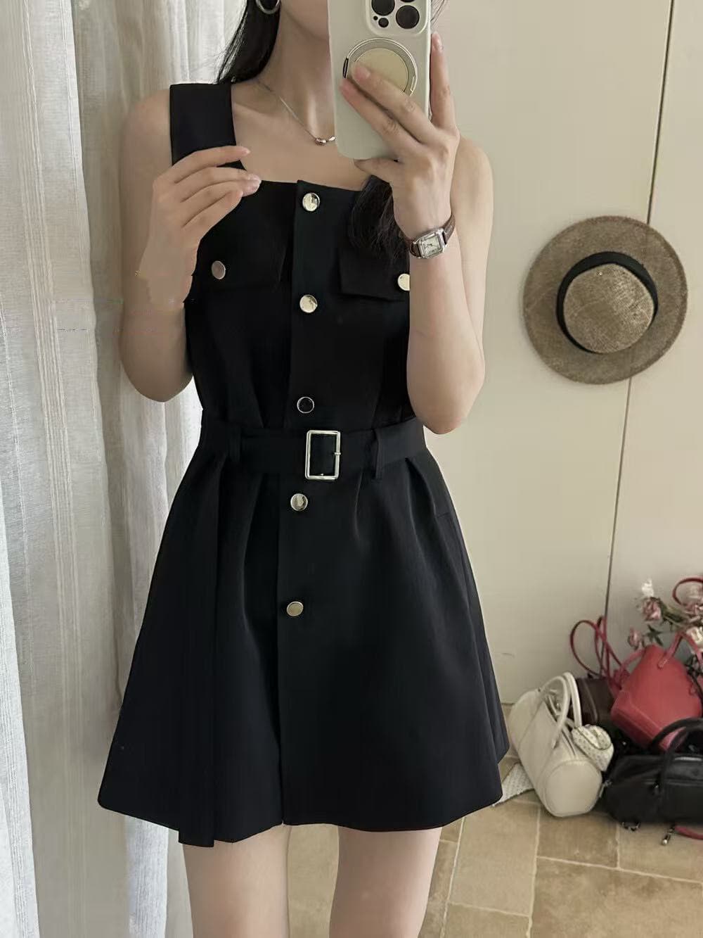 크기 있음 업데이트 한 부서 미니멀리즘 광장 칼라 레이스업 허리 수축 슬림해 보이는 품격 오래된 돈 바람 워크웨어 민소매 드레스 상세 이미지 17