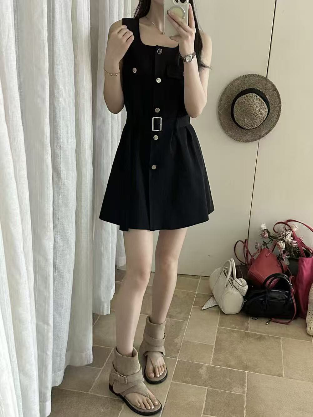 크기 있음 업데이트 한 부서 미니멀리즘 광장 칼라 레이스업 허리 수축 슬림해 보이는 품격 오래된 돈 바람 워크웨어 민소매 드레스 상세 이미지 20