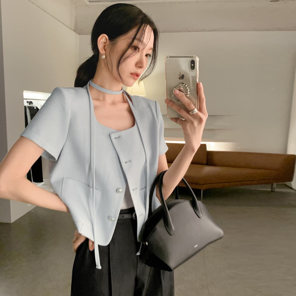 크기 있음 업데이트 한 부서 작은 샤넬 스타일 미니멀리즘 광장 리더쉽 단추 품격 반팔 여름 얇은 스타일 짧은 외투 이미지 3