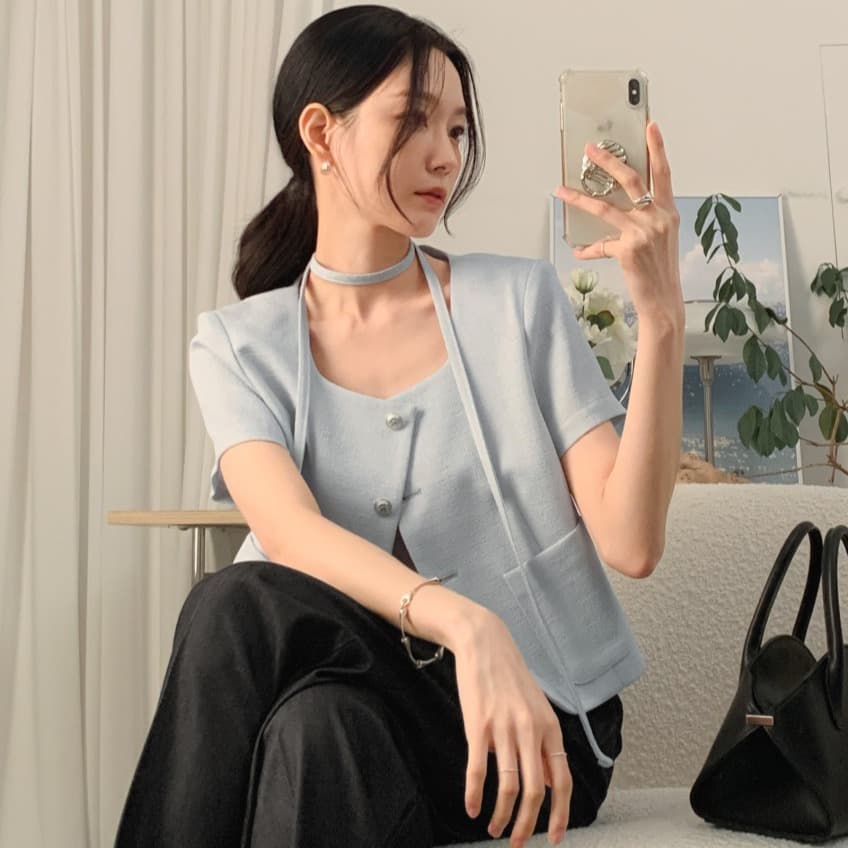 크기 있음 업데이트 한 부서 작은 샤넬 스타일 미니멀리즘 광장 리더쉽 단추 품격 반팔 여름 얇은 스타일 짧은 외투 이미지 4
