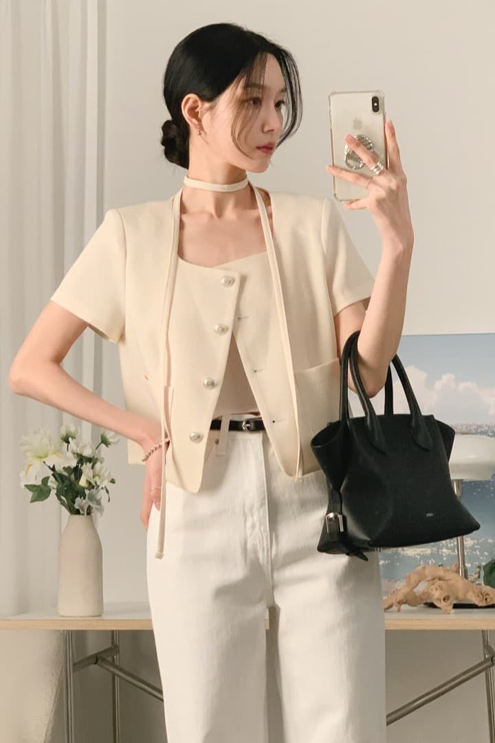크기 있음 업데이트 한 부서 작은 샤넬 스타일 미니멀리즘 광장 리더쉽 단추 품격 반팔 여름 얇은 스타일 짧은 외투 이미지 6