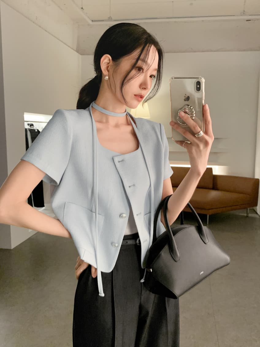 크기 있음 업데이트 한 부서 작은 샤넬 스타일 미니멀리즘 광장 리더쉽 단추 품격 반팔 여름 얇은 스타일 짧은 외투 상세 이미지 2