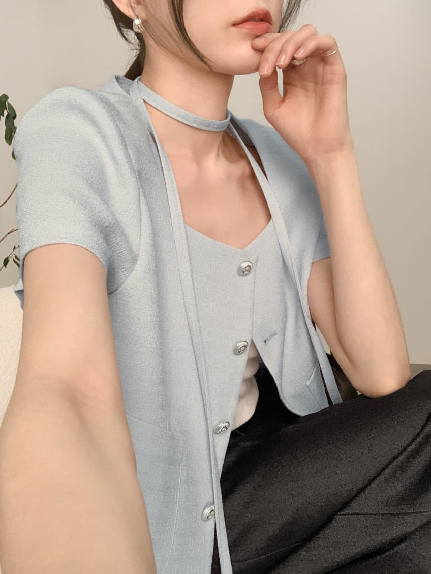 크기 있음 업데이트 한 부서 작은 샤넬 스타일 미니멀리즘 광장 리더쉽 단추 품격 반팔 여름 얇은 스타일 짧은 외투 상세 이미지 3