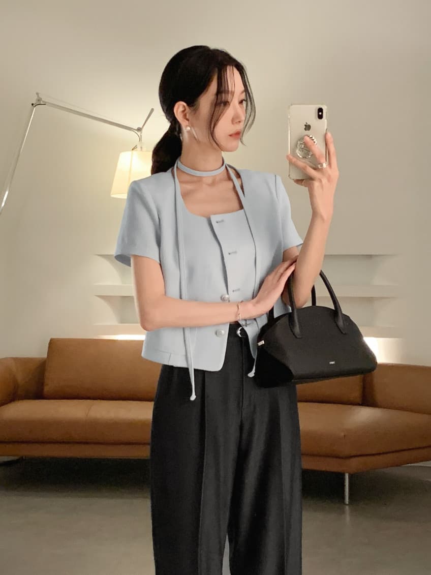 크기 있음 업데이트 한 부서 작은 샤넬 스타일 미니멀리즘 광장 리더쉽 단추 품격 반팔 여름 얇은 스타일 짧은 외투 상세 이미지 5