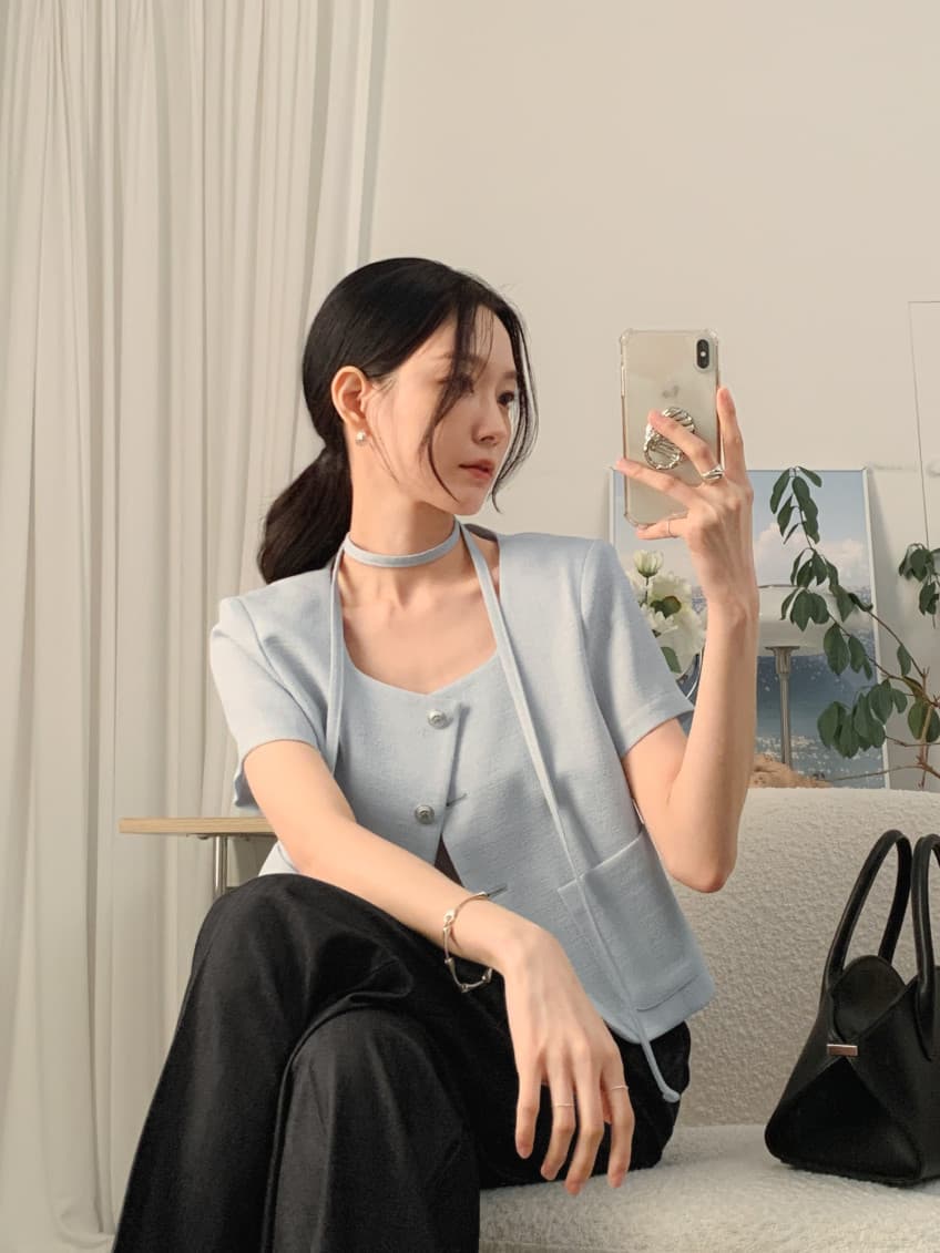 크기 있음 업데이트 한 부서 작은 샤넬 스타일 미니멀리즘 광장 리더쉽 단추 품격 반팔 여름 얇은 스타일 짧은 외투 상세 이미지 11