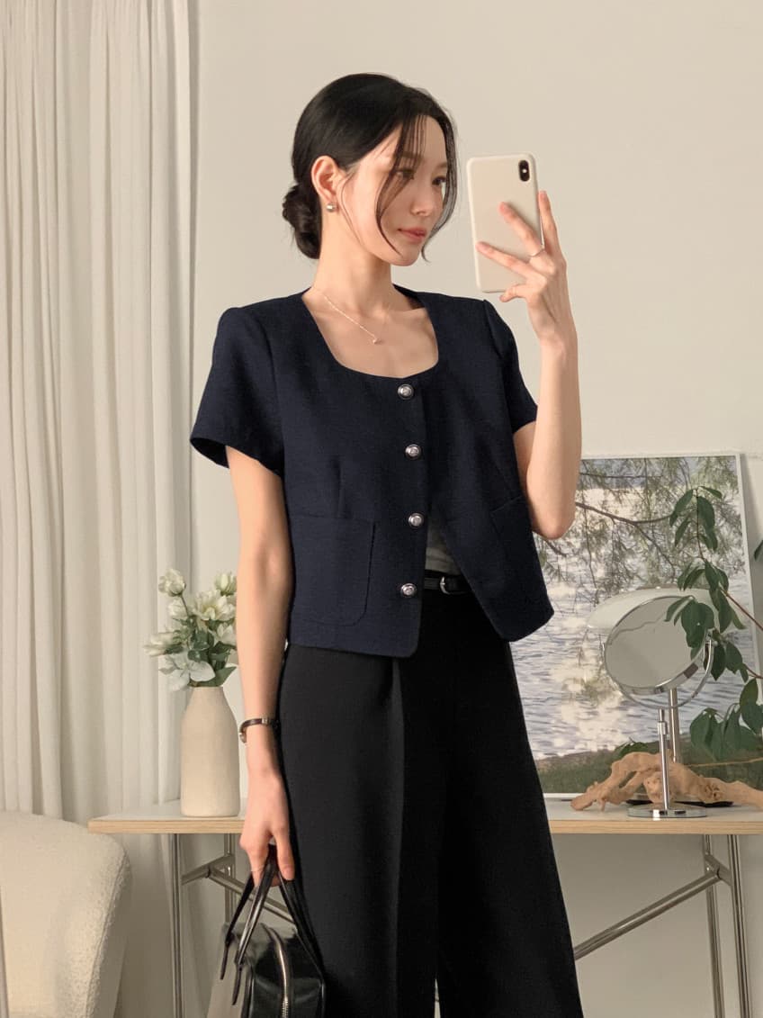 크기 있음 업데이트 한 부서 작은 샤넬 스타일 미니멀리즘 광장 리더쉽 단추 품격 반팔 여름 얇은 스타일 짧은 외투 상세 이미지 15