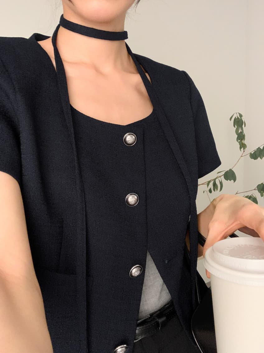 크기 있음 업데이트 한 부서 작은 샤넬 스타일 미니멀리즘 광장 리더쉽 단추 품격 반팔 여름 얇은 스타일 짧은 외투 상세 이미지 19