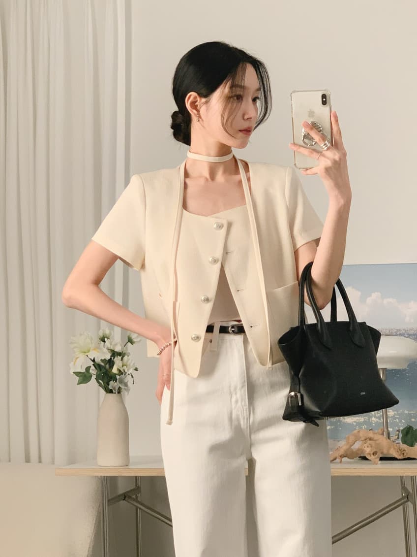 크기 있음 업데이트 한 부서 작은 샤넬 스타일 미니멀리즘 광장 리더쉽 단추 품격 반팔 여름 얇은 스타일 짧은 외투 상세 이미지 30