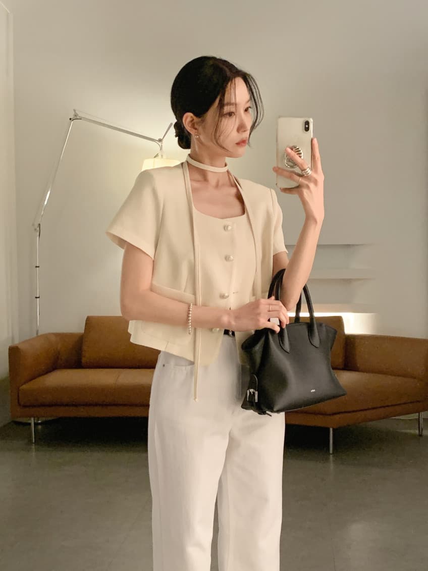 크기 있음 업데이트 한 부서 작은 샤넬 스타일 미니멀리즘 광장 리더쉽 단추 품격 반팔 여름 얇은 스타일 짧은 외투 상세 이미지 32