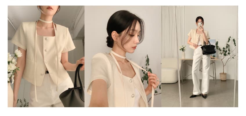 크기 있음 업데이트 한 부서 작은 샤넬 스타일 미니멀리즘 광장 리더쉽 단추 품격 반팔 여름 얇은 스타일 짧은 외투 상세 이미지 1