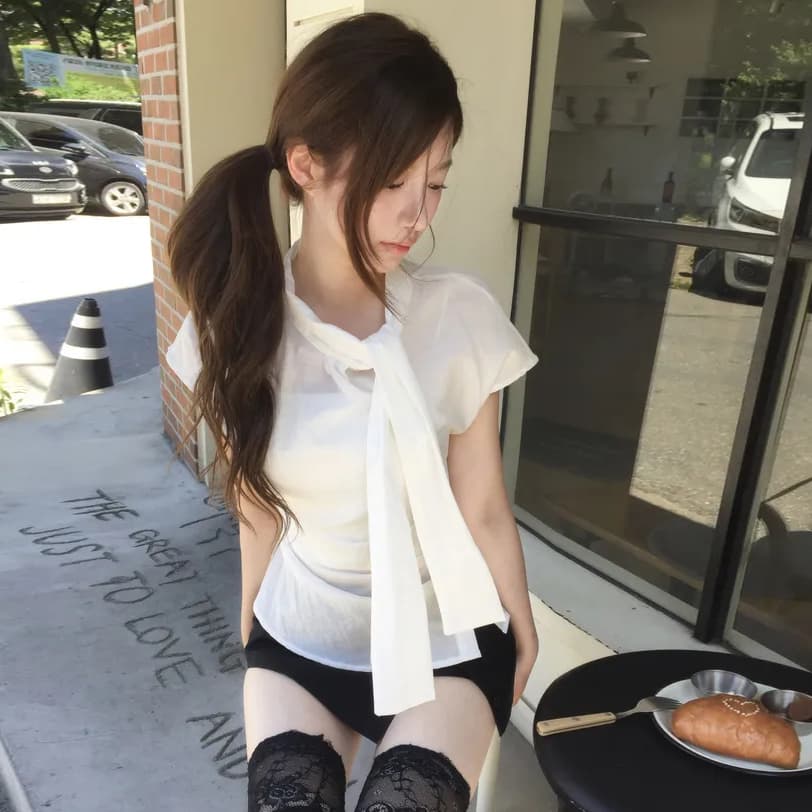크기 있음 업데이트 ins 보 주님 섹션 프랑스식 레트로 품격 다용도 반팔 맨위 쇼트 스타일 작은 셔츠 이미지 5