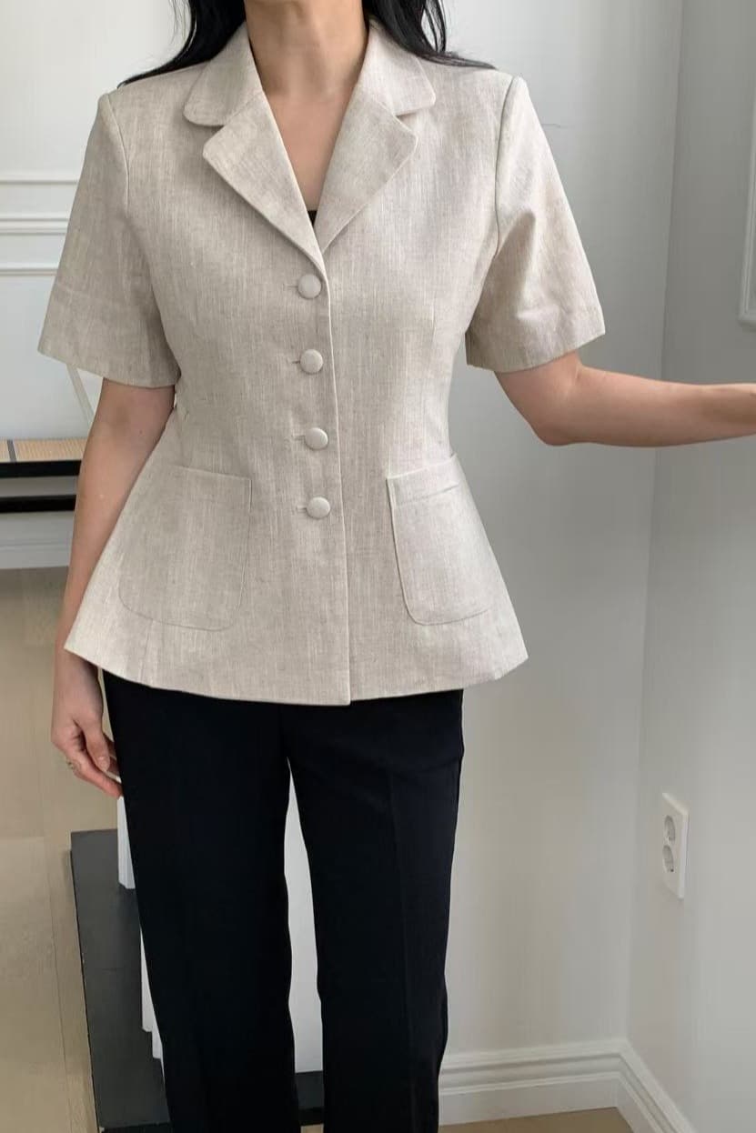 크기 있음 업데이트 한 부서 미니멀리즘 레트로 그것의 우아함 정장 칼라 싱글 줄 버튼 허리 수축 반팔 정장 얇은 코트 이미지 6