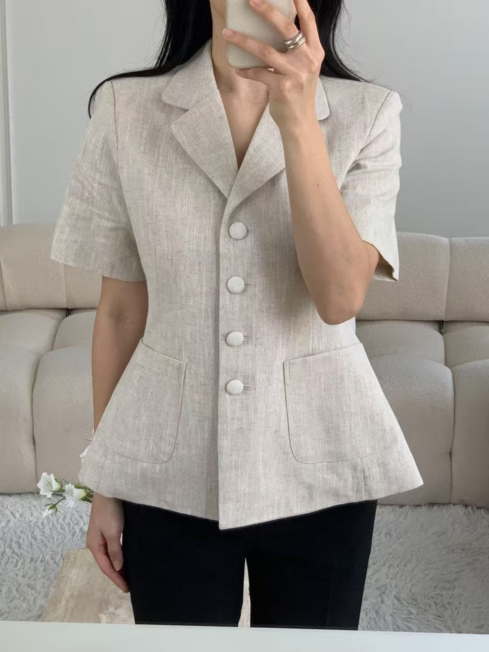 크기 있음 업데이트 한 부서 미니멀리즘 레트로 그것의 우아함 정장 칼라 싱글 줄 버튼 허리 수축 반팔 정장 얇은 코트 상세 이미지 30