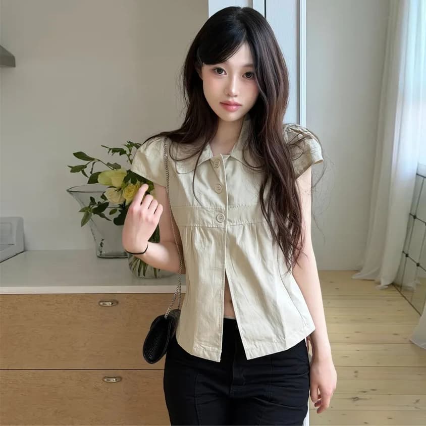 크기 있음 업데이트 한국 chic 캐주얼 품격 세 버클 폴로 칼라 루즈핏 다용도 일상 작은 셔츠 맨위