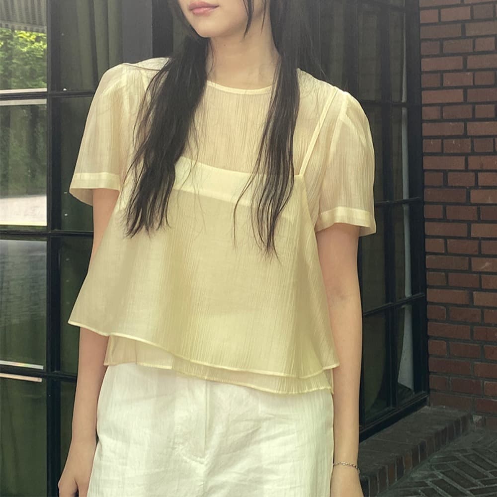 크기 있음 업데이트 한국 작은 대중 한국 스타일 시스루 작은 셔츠 캐미솔 고유 한 맨위 투피스 세트 이미지 5