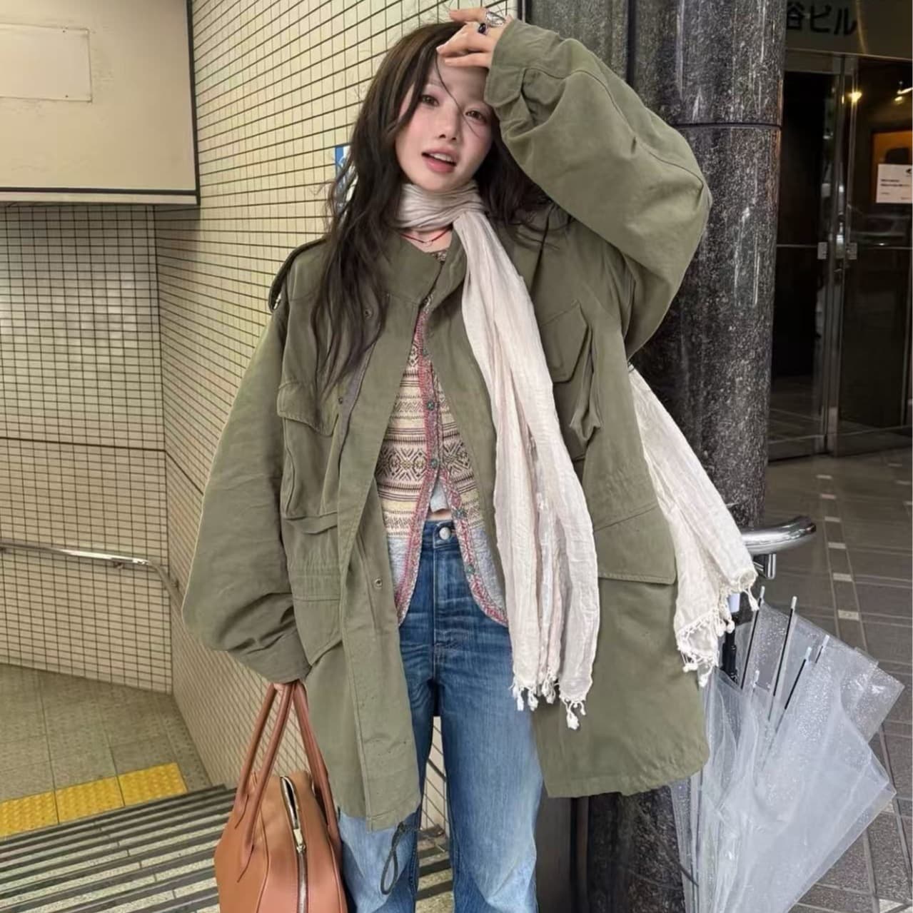 크기 있음 업데이트 한 부서 가을 겨울 기타 주머니 디자인 센스 녹색 워크웨어 바람막이 패션 3 차원 재킷