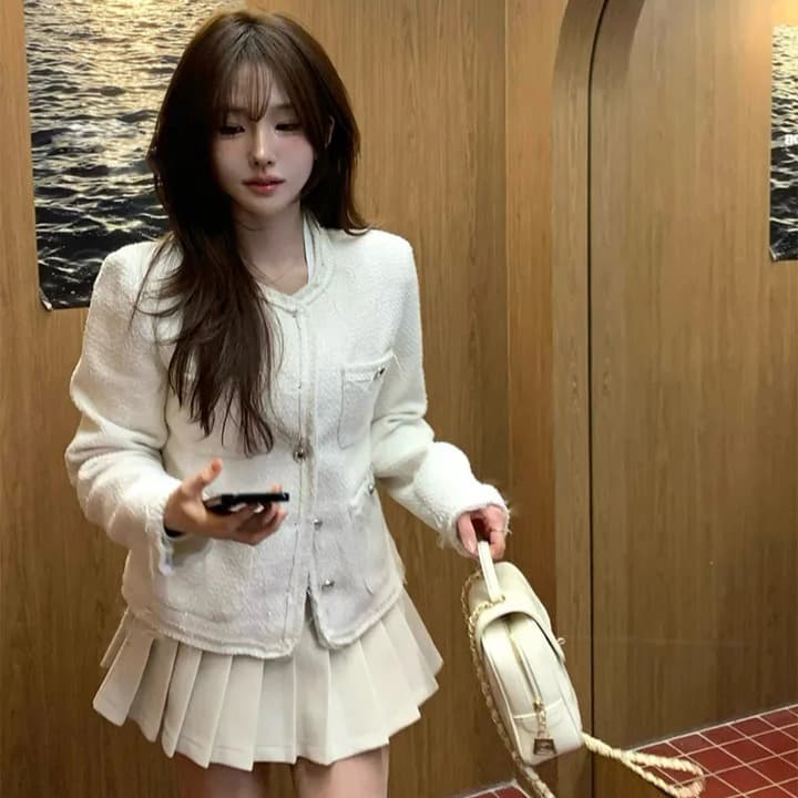 크기 있음 업데이트 한 부서 품격 우아함 작은 샤넬 스타일 미니멀리즘 라운드 넥 싱글 줄 버튼 보온 트위드 짧은 외투