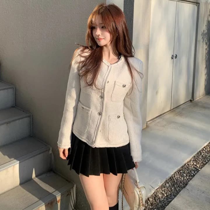 크기 있음 업데이트 한 부서 품격 우아함 작은 샤넬 스타일 미니멀리즘 라운드 넥 싱글 줄 버튼 보온 트위드 짧은 외투 이미지 2