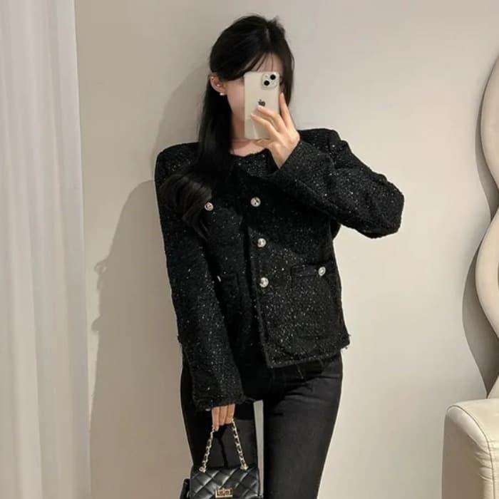 크기 있음 업데이트 한 부서 품격 우아함 작은 샤넬 스타일 미니멀리즘 라운드 넥 싱글 줄 버튼 보온 트위드 짧은 외투 이미지 3