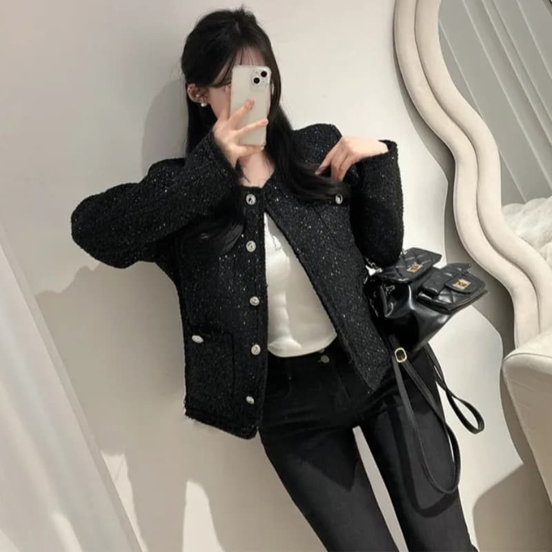 크기 있음 업데이트 한 부서 품격 우아함 작은 샤넬 스타일 미니멀리즘 라운드 넥 싱글 줄 버튼 보온 트위드 짧은 외투 이미지 4