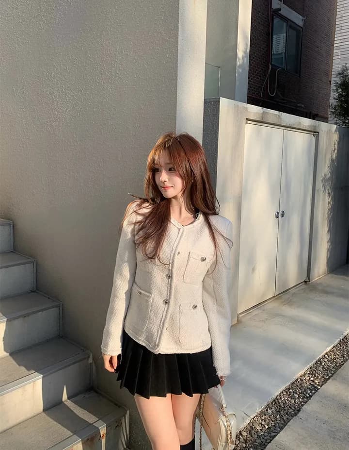 크기 있음 업데이트 한 부서 품격 우아함 작은 샤넬 스타일 미니멀리즘 라운드 넥 싱글 줄 버튼 보온 트위드 짧은 외투 상세 이미지 1