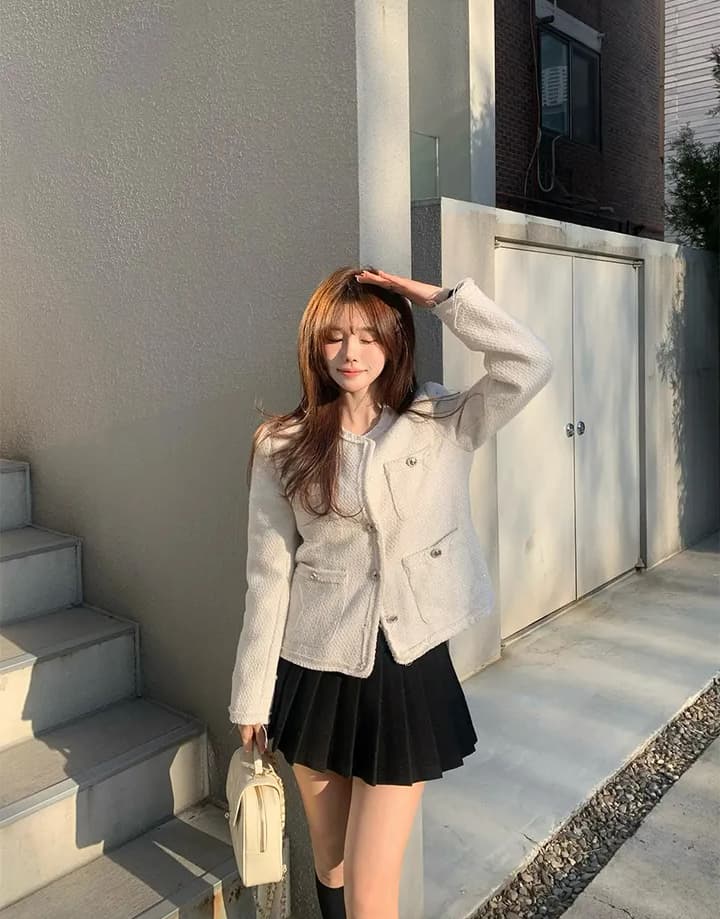 크기 있음 업데이트 한 부서 품격 우아함 작은 샤넬 스타일 미니멀리즘 라운드 넥 싱글 줄 버튼 보온 트위드 짧은 외투 상세 이미지 2