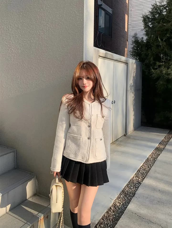 크기 있음 업데이트 한 부서 품격 우아함 작은 샤넬 스타일 미니멀리즘 라운드 넥 싱글 줄 버튼 보온 트위드 짧은 외투 상세 이미지 3