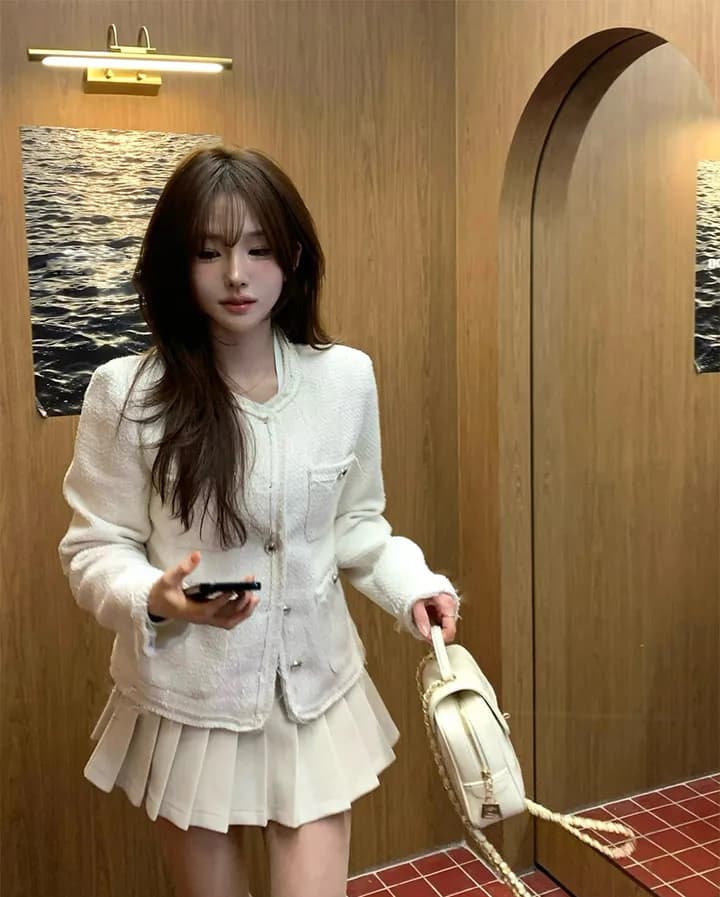 크기 있음 업데이트 한 부서 품격 우아함 작은 샤넬 스타일 미니멀리즘 라운드 넥 싱글 줄 버튼 보온 트위드 짧은 외투 상세 이미지 5