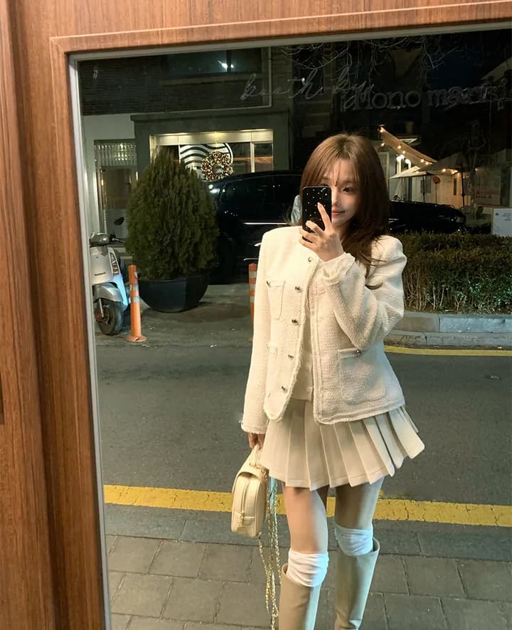크기 있음 업데이트 한 부서 품격 우아함 작은 샤넬 스타일 미니멀리즘 라운드 넥 싱글 줄 버튼 보온 트위드 짧은 외투 상세 이미지 7