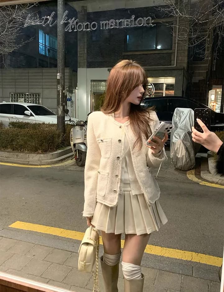 크기 있음 업데이트 한 부서 품격 우아함 작은 샤넬 스타일 미니멀리즘 라운드 넥 싱글 줄 버튼 보온 트위드 짧은 외투 상세 이미지 8
