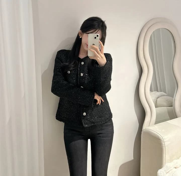 크기 있음 업데이트 한 부서 품격 우아함 작은 샤넬 스타일 미니멀리즘 라운드 넥 싱글 줄 버튼 보온 트위드 짧은 외투 상세 이미지 11
