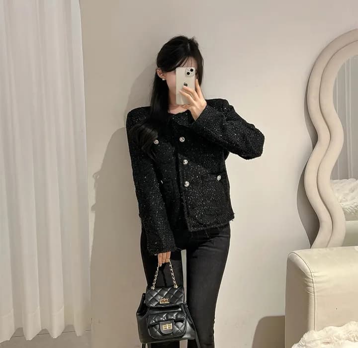 크기 있음 업데이트 한 부서 품격 우아함 작은 샤넬 스타일 미니멀리즘 라운드 넥 싱글 줄 버튼 보온 트위드 짧은 외투 상세 이미지 12