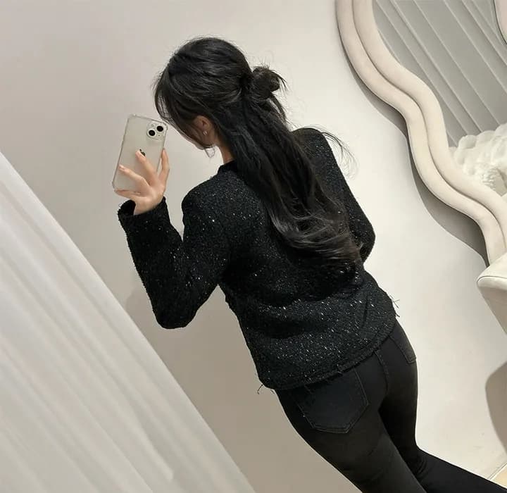 크기 있음 업데이트 한 부서 품격 우아함 작은 샤넬 스타일 미니멀리즘 라운드 넥 싱글 줄 버튼 보온 트위드 짧은 외투 상세 이미지 13