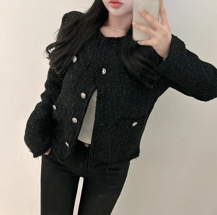 크기 있음 업데이트 한 부서 품격 우아함 작은 샤넬 스타일 미니멀리즘 라운드 넥 싱글 줄 버튼 보온 트위드 짧은 외투 상세 이미지 14