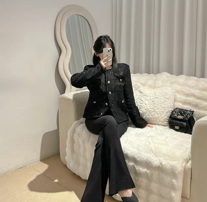 크기 있음 업데이트 한 부서 품격 우아함 작은 샤넬 스타일 미니멀리즘 라운드 넥 싱글 줄 버튼 보온 트위드 짧은 외투 상세 이미지 15